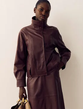 Leather Funnel Neck Jacket Raisin female - Per Una - FashionsVida