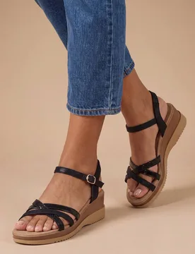 Women's Good For The Sole: Bella Flexisole Faux Leather Mix Cross Straps Platform Wedge Sandals in Black Size: 3 - Black - Size: 3 - Dorothy perkins - FashionsVida