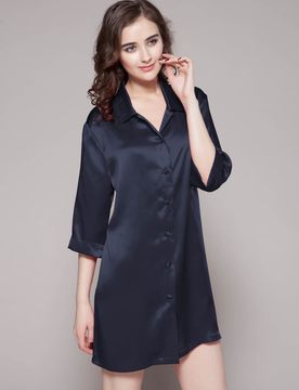 Chemises De Nuit En Soie Col De Chemise, Manches 3/4 100% Soie Naturellement Antibactérien L