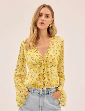 Petal Print V-Neck Flute Sleeve Top Yellow female - KITRI - FashionsVida