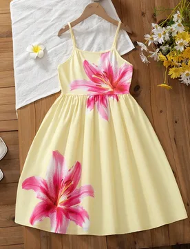 Vestido acampanado amarillo para niña preadolescente, vestido fresco de tirantes finos para vacaciones, tela suave y esponjosa/vestido de verano/vest - Shein - FashionsVida