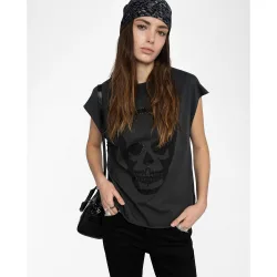 Zadig & Voltaire - Camiseta de mujer 100% algodón de tirantes con cuello redondo estampada y perforada