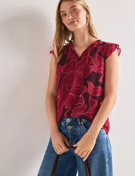 Blusentop aus Chiffon mit Split Neck female Rot