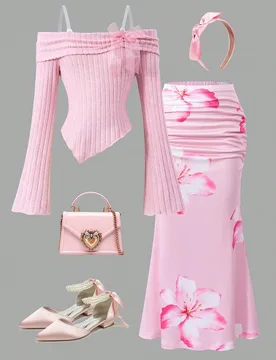 Conjunto de 2 piezas para niñas preadolescentes, Camiseta de manga larga con hombros descubiertos, volantes y lazo acanalado & Falda larga floral, Ro - Shein - FashionsVida