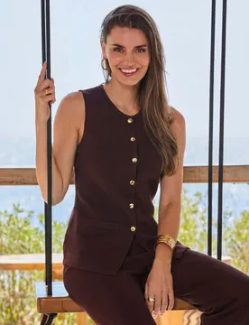 Crew Neck Button Detail Knitted Waistcoat Brown female - Sosandar - FashionsVida