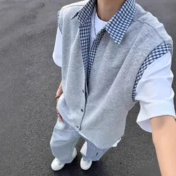 Fake Two-piece Sleeveless Shirt Vest Men's Summer Design Jacket Plaid Splicing Cardigan Vest