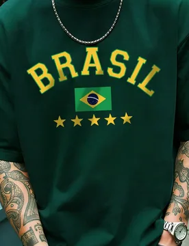 Camiseta gráfica para hombre, jersey de fútbol retro de Brasil, tela de punto transpirable, diseño de cuello redondo con ajuste regular - Shein - FashionsVida