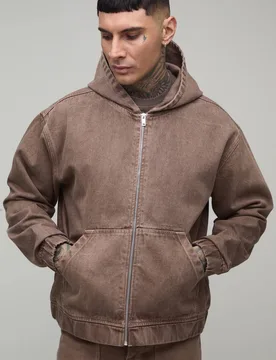 Herren Große Getönte Gewaschene Denim Übergroße Kapuzenpullover Mit Reißverschluss Brown Größe Large - boohooMAN - FashionsVida