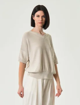 Maglia avorio Monochrome in misto cotone con inserti in lurex a maniche tre quarti - Marella - FashionsVida