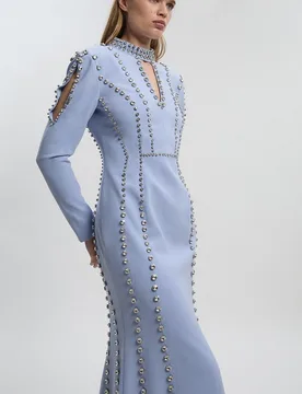 Womens Crystal Embellished Woven Plunge Detail Maxi Dress - Blue - Size 12 Uk - Karen millen - FashionsVida