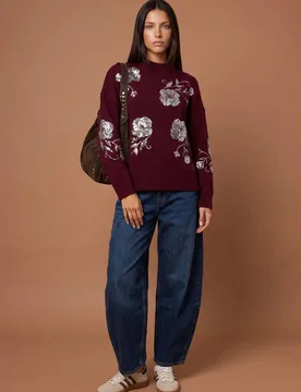 Women's Wool Blend Sequin Embroidery Floral Jumper in Burgundy Size: Medium - Burgundy - Size: M - Urban Bliss - FashionsVida