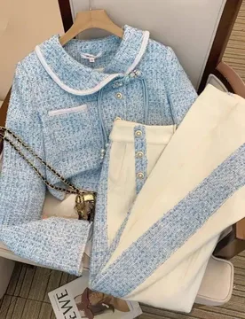 Elegant Peter Pan Collar Chic Tassel Vintage Women Coat Blue Tweed Jacket High Waist Long Pants Newest Two Pieces костюм - Aliexpress - FashionsVida