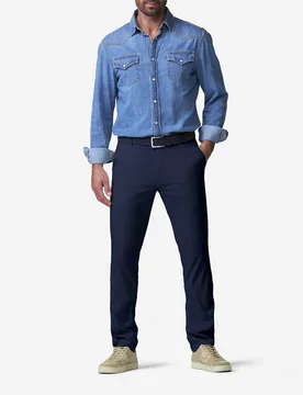 Pantalone chino Oslo blu in cotone e lyocell stretch micro armatura drop 6 - Meyer - FashionsVida