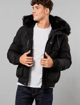 Mens Short Padded Parka Jacket with Faux Fur Hood - - Size: XL - Nines - FashionsVida