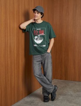 T-shirt loose fit in cotone con motivo ramen - verde