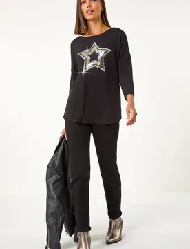 Women's Embellished Sequin Star Stretch Top in Silver Size: 12 - Silver - Size: 12 - Roman - FashionsVida
