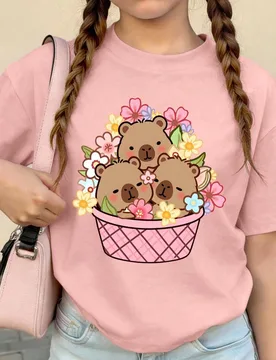 Pieza Camiseta Holgada de Cuello Redondo para Niñas, Patrón Lindo de Capibara con Cesta de Flores, Tela Suave y Cómoda, Perfecta para Uso Diario - Shein - FashionsVida