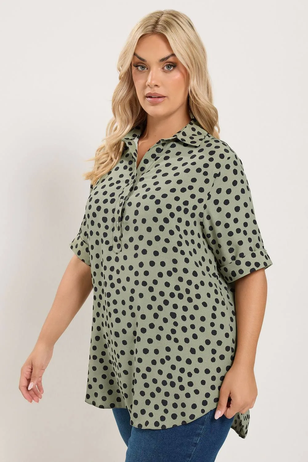 Polka Dot Half Placket Shirt - Dark Olive - Size: 16 - Yours - FashionsVida