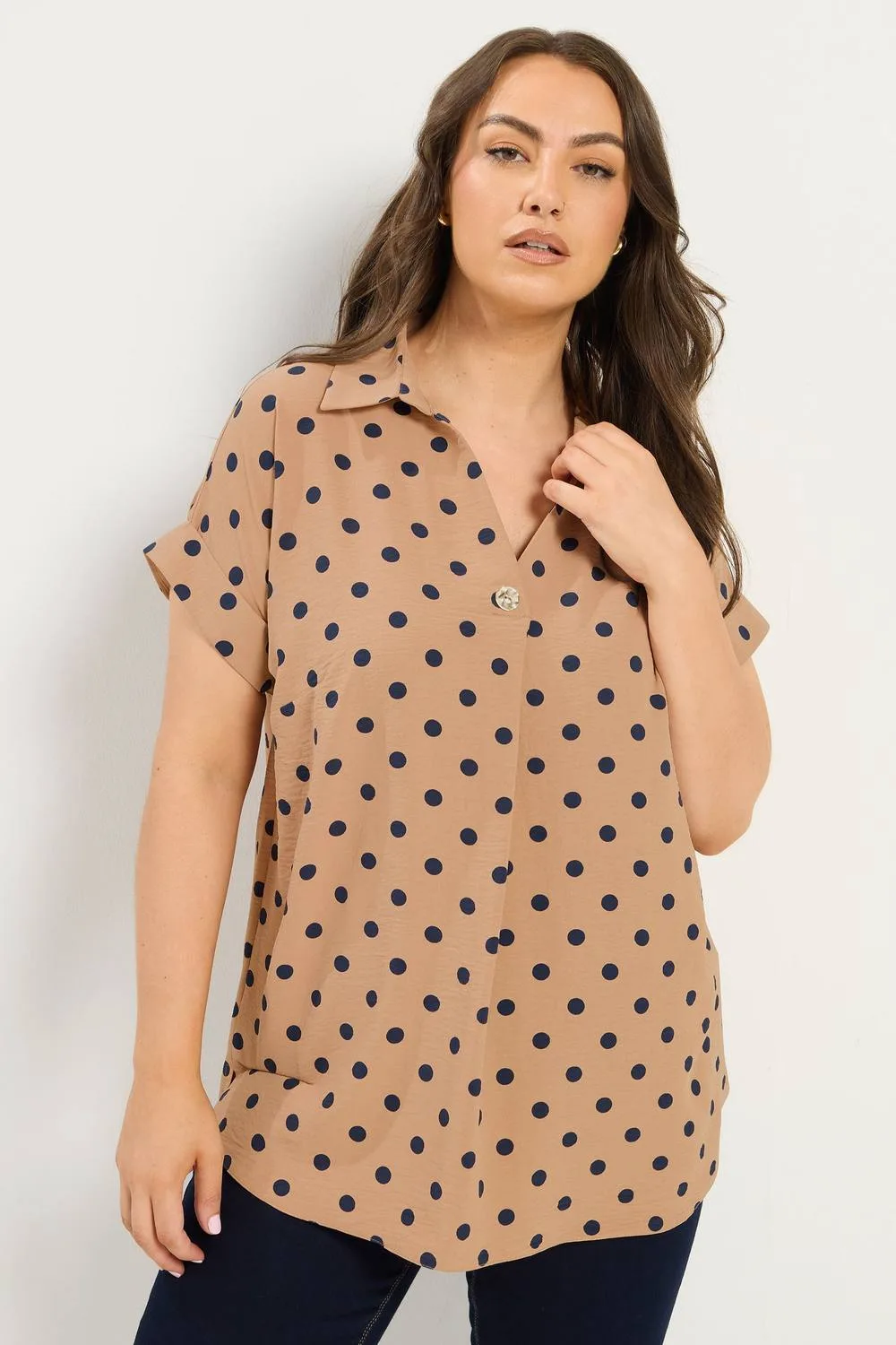 Polka Dot Pleat Front Shirt - Tan - Size: 20 - Yours - FashionsVida