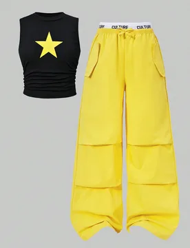 Conjunto de 2 piezas para niñas preadolescentes con top de tirantes con estampado de estrellas y cordón & pantalones cargo con bolsillos y cintura d - Shein - FashionsVida