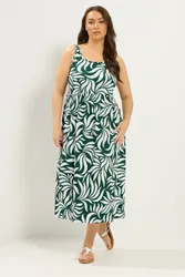 Abstract Leaf Smock Dress - Dark Green - Size: 20