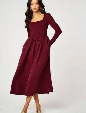 Women's Long Sleeve Button Detail Midi Dress in Wine Size: XS - Wine - Size: XS - FS Collection - FashionsVida