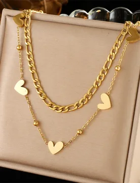 K Gold Plated Layered Heart Necklace, Figaro & Satellite Chain with Puffy Heart Charms, Stainless Steel Statement Jewelry - Aliexpress - FashionsVida