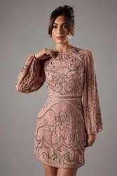 Women's Muse Chiffon Embellished Mini Dress With Blouson Sleeves in Nude Size: 14 - Nude - Size: 14