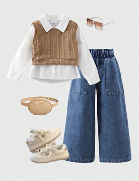Conjunto de 3 piezas para niña joven con estilo escolar casual: camisa blanca, chaleco y pantalones de mezclilla, para primavera/otoño