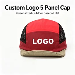 Custom Logo 5 Panel Mesh Baseball Cap Color Block Short Brim Breathable Sun Hat for Men Women