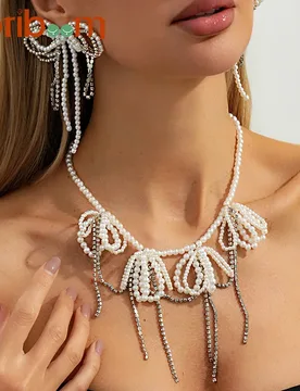 Tassel Bow Necklace for Women Imitation Pearl Beaded Necklaces Earrings French Retro Jewelry Temperament Accessories - Aliexpress - FashionsVida