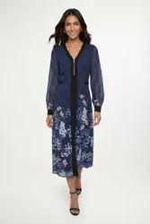 Womens Floral Zip Midi Dress - Navy - Size 8 Uk