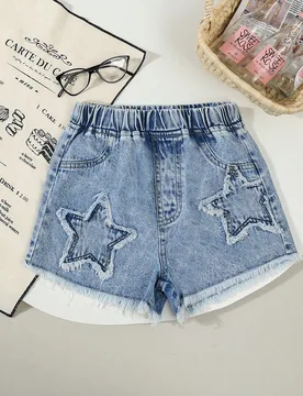 Shorts vaqueros de niñas preadolescentes con estilo Y2K, lavado vintage en azul claro, bajo deshilachado, bordado de estrellas, corte suelto, tela c? - Shein - FashionsVida