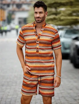 Conjunto de verano para hombre con camisa de manga corta y pantalón corto con estampado geométrico, atuendos informales - Shein - FashionsVida