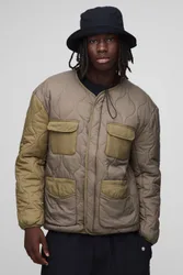 Herren Regular Fit Kragenlose Gesteppte Ripstop Colour Block Innenjacke Olive Größe Medium