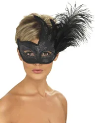 Venezianische Augenmaske Glitzer Federn schwarz