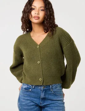 Women's Khaki Cropped Button Cardigan Sweater Size: Medium/Large - Khaki - Size: M/L - Pink Vanilla - FashionsVida