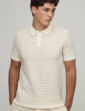 Men's Regular Open Stitch Striped Knitted Polo Stone Size Medium Stone M - boohooMAN - FashionsVida