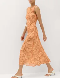 Chiffon Checked Midi Column Dress Orange Mix female