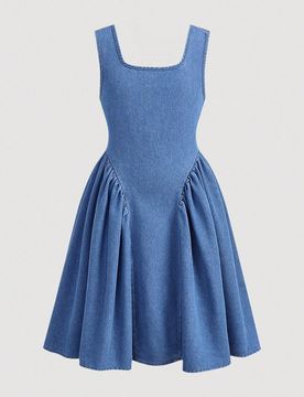 Vestido mini A-line elegante sin mangas con lazo para niñas preadolescentes, estilo casual Y2K europeo y americano, vestido azul de vacaciones, conju
