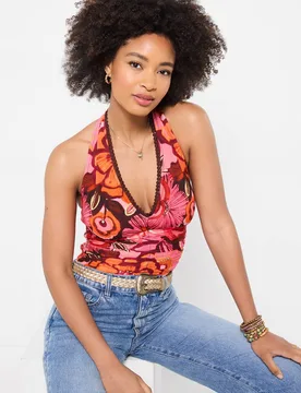 Women's Floral Halter Top with Pompom Trim & Shirred Back in Pink Size: 16 - Pink - Size: 16 - Joe browns - FashionsVida