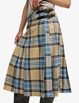 Superdry Damen Karierter Plissee-midirock Blue - Größe: 34
