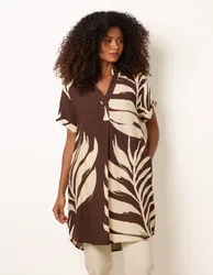 Palm Print Tunic Top - S / CHOCOLATE - female