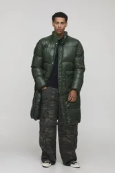 Herren Regular Fit Hochglanz Longline Pufferjacke Khaki Größe Medium