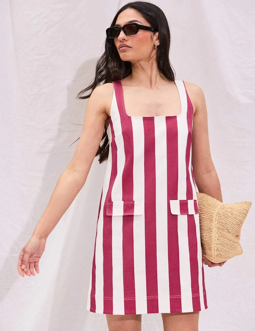 Cotton Rich Striped Square Neck Mini Dress Red Mix female - RO&ZO - FashionsVida