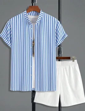 Conjunto esencial de 2 piezas para hombre: camisa casual de poliéster ligera a rayas con cuello alto, manga corta y diseño de 7 botones, y pantalone - Shein - FashionsVida