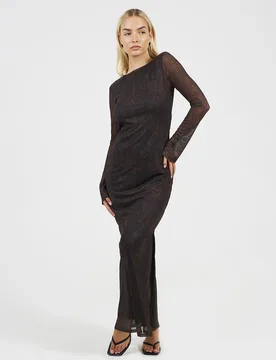Womens Brown Snake Print Long Sleeve Mesh Maxi Dress - Size Large - Brave soul - FashionsVida