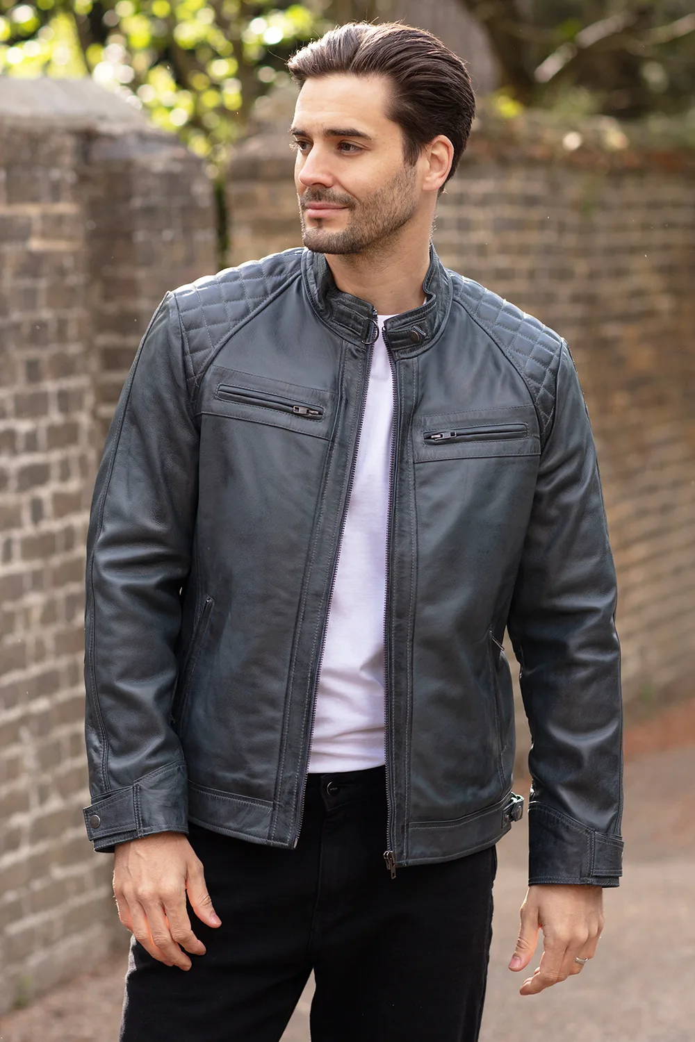 Mens 'Bronx' Real Biker Jacket - Grey - Size Medium - Ashwood Leather - FashionsVida