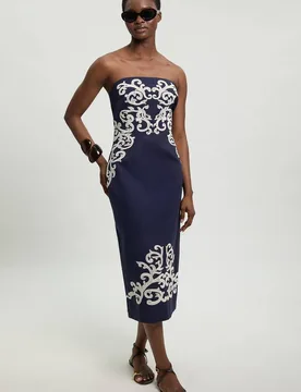 Women's Cotton Linen Embroidered Bandeau Midi Dress in Navy Size: 8 - Navy - Size: 8 - Karen millen - FashionsVida
