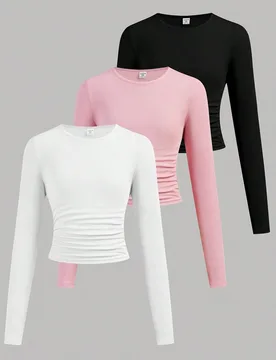 Set de 3 camisetas de manga larga con cuello redondo y fruncido de unicolor informal para niñas preadolescentes - Shein - FashionsVida